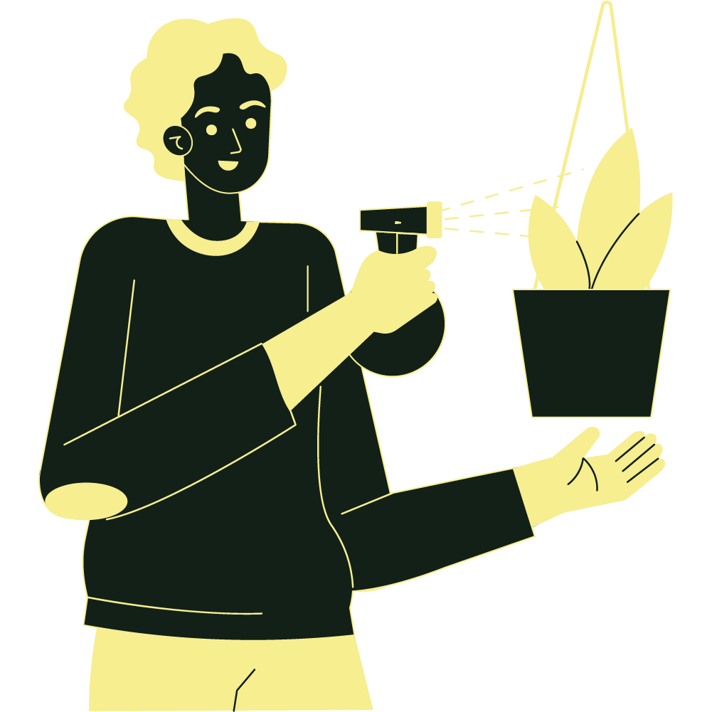 Ilustración de jardinero realizando mantenimiento y cuidado de plantas con pulverizador